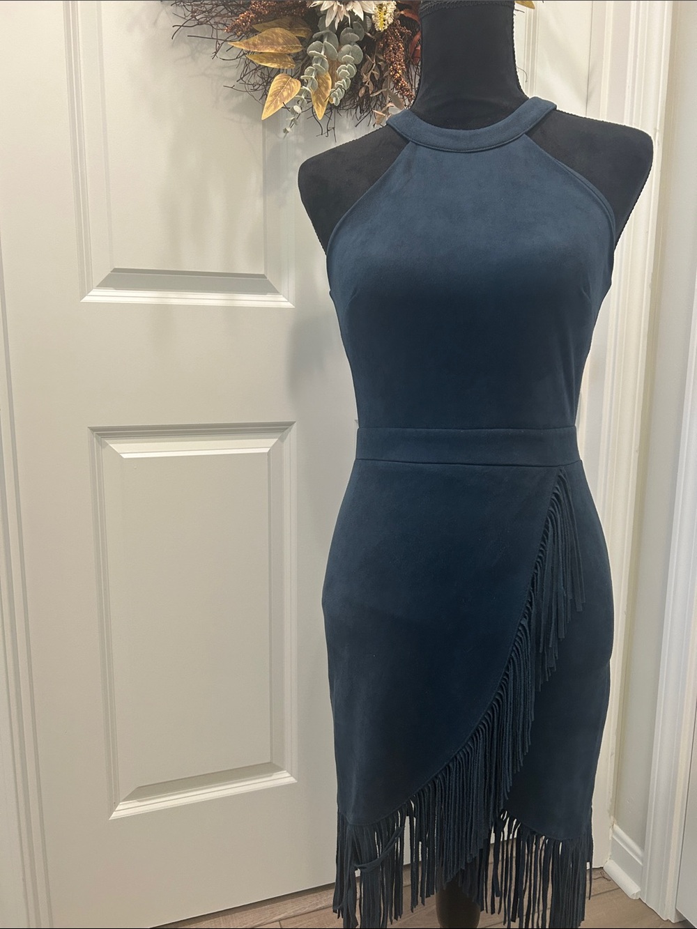 Rosie Harlow One-Shoulder Navy Fringe Suede Dress Size XS